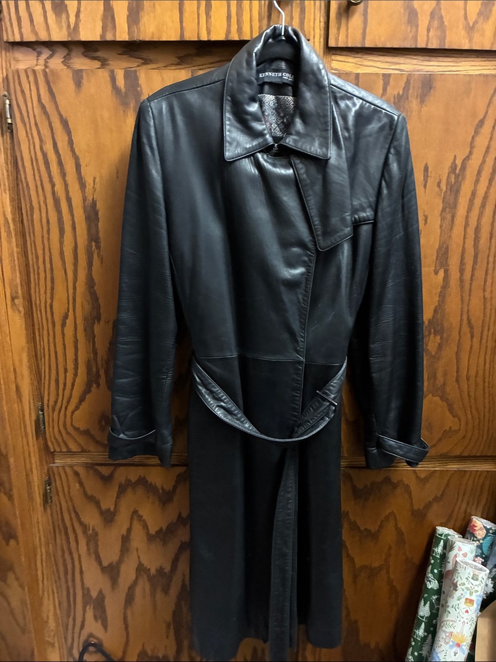Kenneth Cole Black Leather Long Trench Coat with Belt